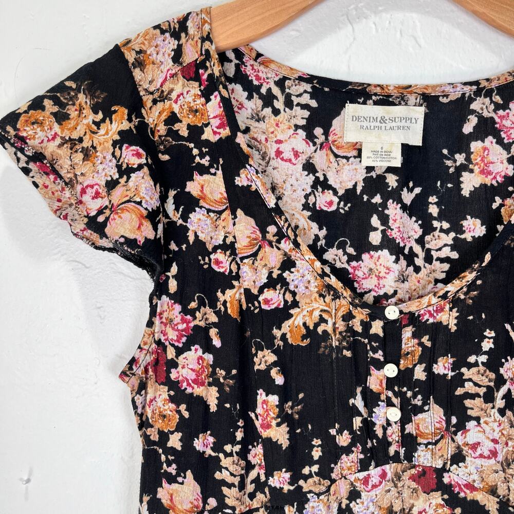 Ralph Lauren Denim Supply Black Floral Babydoll Dress Sz 6 Grunge Romantic Roses